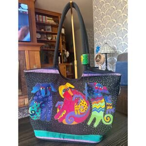 Laurel Burch "Dogs & Doggies" Multi-Color Canvas Tote Bag with Keychain
